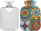 Mexican Talavera Floral Hot Water Bottle Premium Rubber Moroccan Boho Flowers Winter Hot Water Bags with Soft Velvet Cover 2 Liter