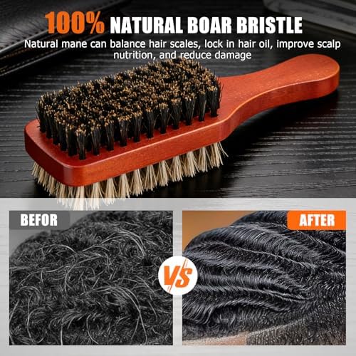 Men Wave Club Brush, 100% Natural Boar Bristle Hair Brush with 2-Sided Soft Hard Brush for Men and Barbers Thick Coarse Hair, Detangling, Smoothing