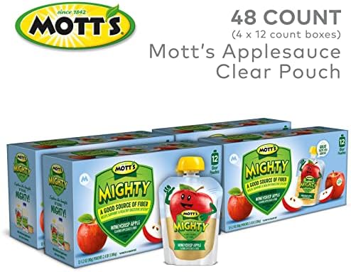 Mott's Mighty Honeycrisp Apple Applesauce, 3.2 Oz Clear Pouches, 48 Count (4 Packs of 12), No Sugar Added, Good Source Of Fiber, Supports A Healthy Digestive System, Gluten-Free, Kosher