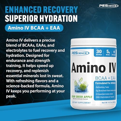 PEScience Amino IV BCAA & EAA Powder, Essential Amino Acids, Taurine, Electrolytes for Hydration and Muscle Recovery, Sugar Free for Men & Women, Post Workout - Sour Green Apple, 30 Servings