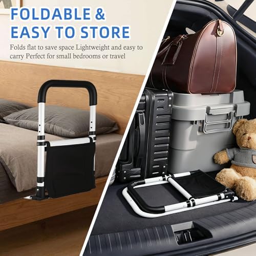 Bed Rail for Elderly Adults Safety, 90° Foldable Bed Assist Bar with Adjustable Height, Flat Base Fits Under Mattress, 300 lbs Capacity Bedside Support Handle for Seniors
