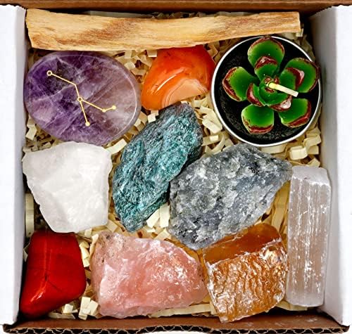 DANCING BEAR Cancer Zodiac Healing Crystals Gift Set, (14 Pc): 9 Stones, 18K Gold-Plated Constellation Necklace, Meteorite, Succulent Candle, Palo Santo Smudge Stick, and Info Guide, Made in The USA