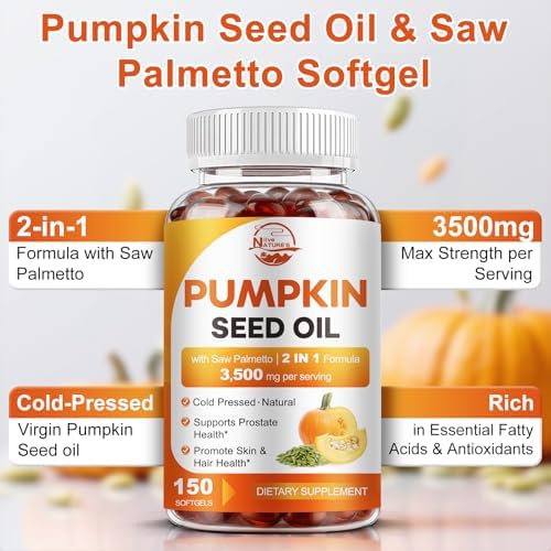 Pumpkin Seed Oil with Saw Palmetto, 3500mg Max Strength per Serving, 150 Softgels, Cold-Pressed with Essential Fatty Acids & Phytosterols, Supports Immune, Hair, Bladder & Prostate Health