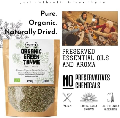 Apsogo Organic Greek Thyme – Premium Dried Thyme Leaves from Greece (7.05 oz) Aromatic for Cooking, Tea & Seasoning, Resealable Eco Pouch