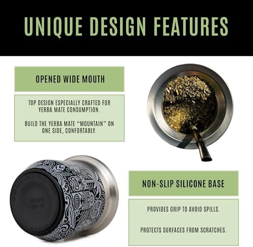 MADFLOW Yerba Mate Cup. Stainless Steel Mate Cup with 2 Bombillas. Double Wall Vacuum Insulated Yerba Mate Gourd. Unique Mate Cup And Bombilla Set