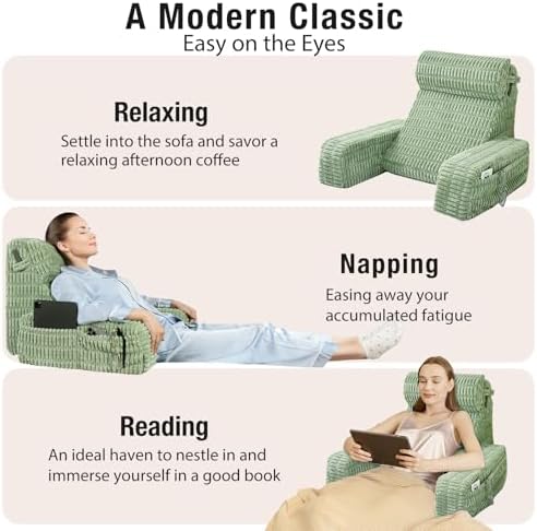 19" Reading Pillow for Bed with Built-in Arms & Large Pockets, Supportive Backrest Cushion for Reading, Resting, or Reclining, Washable Cover – Sage Green