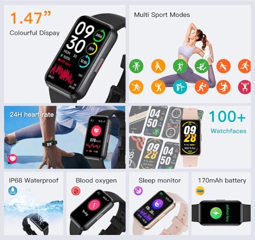 Fitness Trackers,Blood Oxygen Heart Rate Sleep Monitor,1.47‘’ OLED Display,Smart Band 24/7 Health Monitoring,Calorie Pedometer Steps Counter Activity watchs/Notifications(Black)