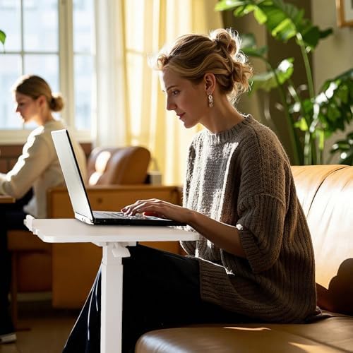 DUMOS Overbed Bedside Table Adjustable with Wheels, Mobile Standing Stand Up Rolling Laptop PC Desks with Tilting Top Height Tray Side Computer Workstation for Bedroom on Hospital Home Use, White
