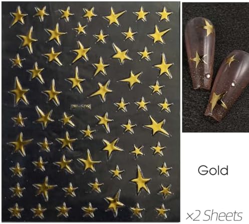 14 Sheets Y2k Star Nail Art Stickers, 7 Colors 3D Self-Adhesive Nail Decals with Gold Silver Black White Blue Pink Holographic Stars, 4th of July DIY Manicure Accessories for Women & Girls