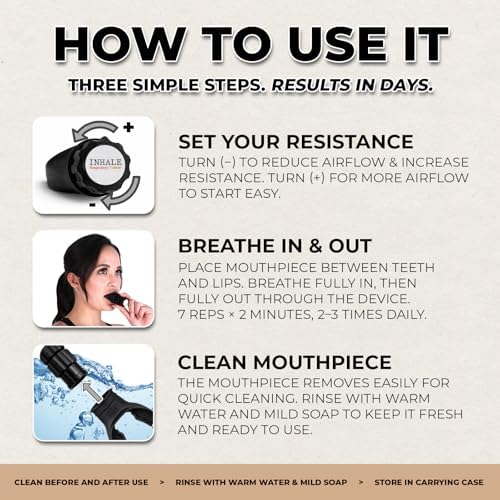 Inhale Respiratory Trainer | Lung Strengthening Breathing Exercise Device | Made in USA | Adjustable Bi-Directional Resistance | Medical Grade Silicone Mouthpiece | Carrying Case Included