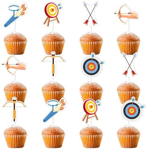 Archery Party Decorations, 24pcs Archery Theme Cupcake Toppers Double-sided Printing Sports Theme Bow Arrow Hunting Cake Decorations for Archery Theme Birthday Baby Shower Party Supplies