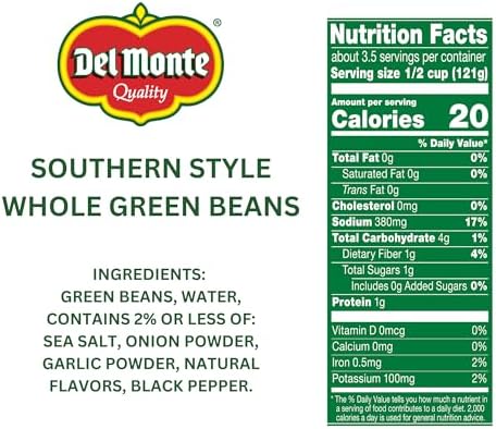 Del Monte Southern Style Whole Green Beans, 14.5 oz. Can (Pack of 12) Spicy & Smoky Flavors, Ready to Eat Side Dish