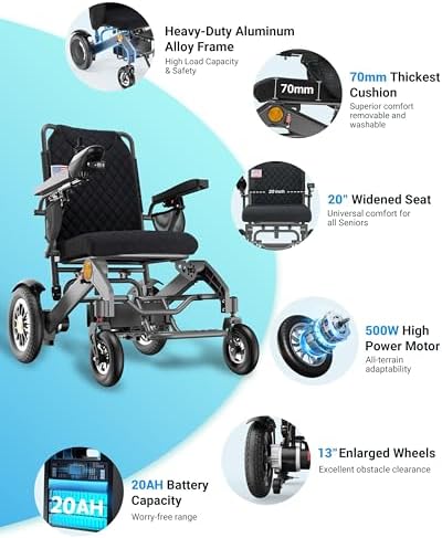 Heavy Duty Electric Wheelchairs for Adults - 20" Wider Seat&25 Miles Range, Support 400 lb, Foldable Powered Wheelchair with 20AH Battery and Large Tire for Home, Park, Black（20% Wider Seat
