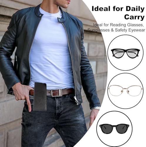 2 Packs Glasses Case with Clip Soft Black Leather Eyeglass Pouch with Plastic Flex Slide-In Pocket Belt Clip Holder for Eyeglasses and Sunglasses Eye Protectors Cases for Men Use