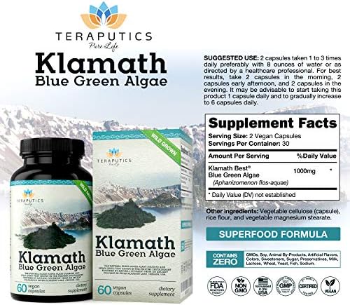 Premium Klamath Lake Blue Green Algae - More Powerful Than Spirulina And Chlorella Supplements | Pure Chlorophyll Rich SuperFood, Sourced from Organic Klamath Lake, 500mg, 60 Vegan Capsules