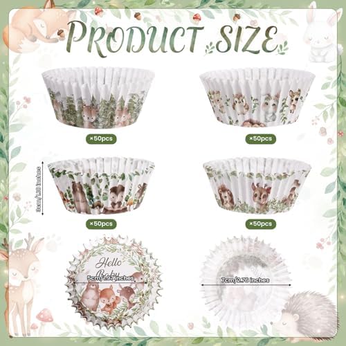 200 Pieces Woodland Cupcake Liners, Forest Animal Standard Size Paper Baking Cups, Cute Jungle Safari Creatures Muffin Cupcake Wrappers for Birthday Baby Shower Camping Party Decor Boy Girl