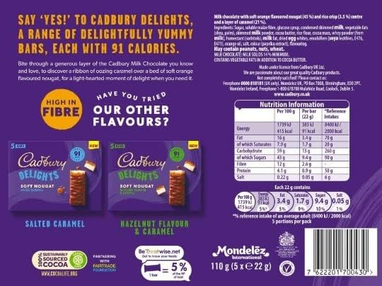 Cadbury Delights Soft Nougat Orange & Caramel Bars, Chewy Nougat Bars With Orange & Caramel, Multipack of 5 x 22 g (Pack of 1)