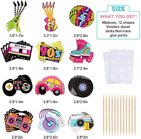 Epakh 48 Pieces 90s Cupcake Topper 90's Theme Party Decorations Hip Hop Music Dance Retro Skate Cupcake Toppers Birthday Stuff for Throwback Decorations Cake Party Supplies