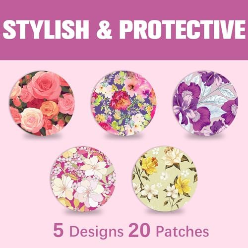 20Pcs Libre 2 Plus Sensor Covers Waterproof & Sweatproof, Latex-Free Lasting Up to 15 Days, Flexible Adhesive CGM Tape No Hole, 5 Flower Patterns Libre 2 Patches Hypoallergenic & Latex-Free