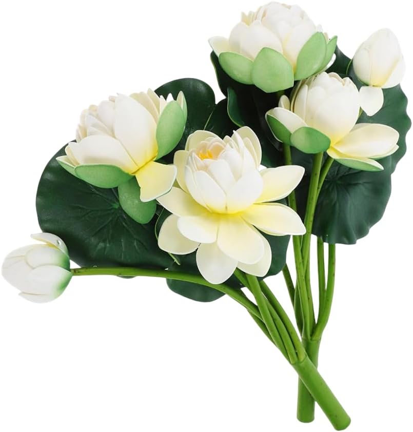2Pcs Artificial Lotus Flower Decor, 12.5inch 7 Head Water Lilies, Outdoor Pond Plants, Silk Artificial Flower Lotus, Household Living Room and Dining Table Decoration (White)