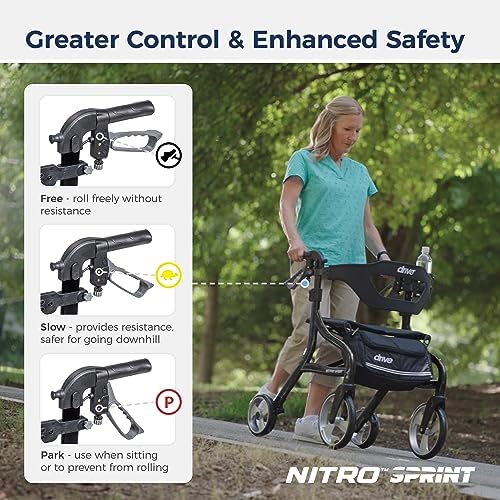 Drive Medical Nitro Sprint Foldable Rollator Walker with Seat, Petite Height Lightweight Rollator with Large Wheels, Folding Rollator, Short Rolling Walker for Seniors and Adults, Black