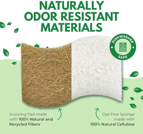 Biodegradable Natural Kitchen Sponge - Compostable Cellulose and Coconut Walnut Scrubber Sponge (6 Pack)