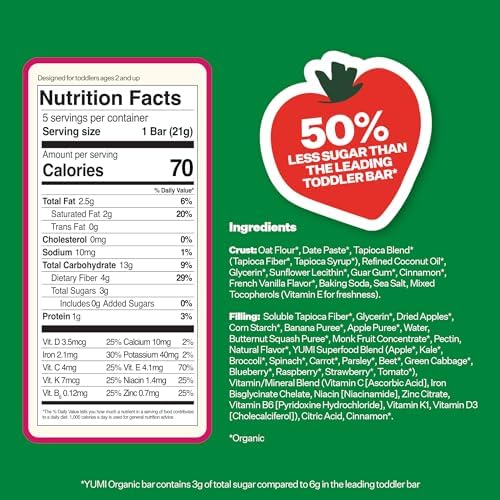 Yumi Organic Toddler Snacks Bars - Gluten-Free, No Added Sugar, 7+ Vegetables, Soft-Baked Crust, Yumi Bars Healthy Toddler Organic Snacks - School Safe and for Lunch Boxes, Strawberry & Rhubarb (30ct.)