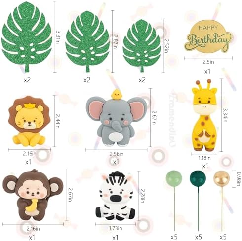Framendino, 27 Pack Safari Animal Cake Toppers Cute Jungle Wild Theme with Elephant Giraffe Lion Monkey Glittery Tropical Leaves Top Decorationsfor Birthday Shower Party Decor