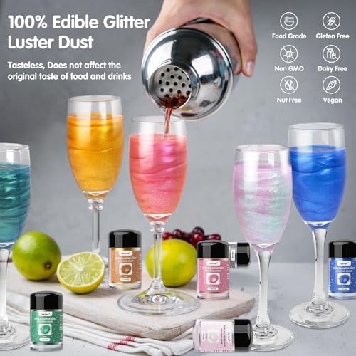 CRPTHE 6 Colors Luster Dust Edible Set, Edible Glitter for Drinks, Food Grade Glitter Shimmer Sprinkle Powder for Cocktails, Baking, Beverages, Cakes, Strawberries, Cookies, Fondant, Vegan(5g/Bottle)