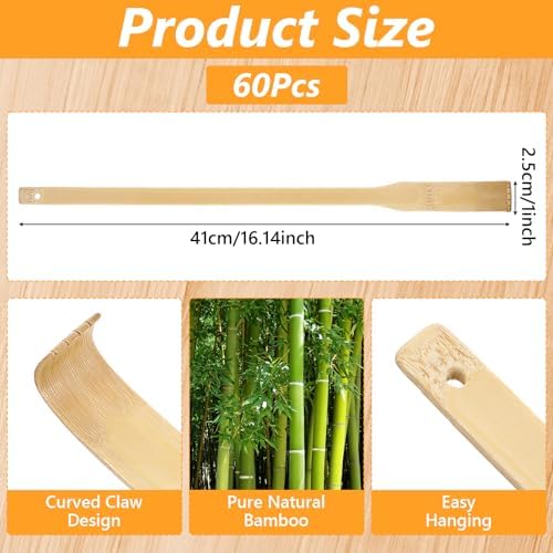 60 Pack Bamboo Back Scratchers Bulk, Traditional Wooden Back Scratcher for Itching Relief and Body Massage, Long Handle for Adults, Family, Nursing, Christmas Gifts (16.1 inch)