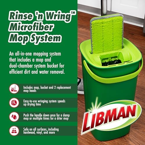 Libman Rinse 'n Wring Mop and Bucket System, Microfiber Dry Wet Mop for Floor Cleaning, Hardwood, Laminate, Tile Cleaner, Dual Chamber Bucket Design, 2 Total Refill Replacement Head Pads