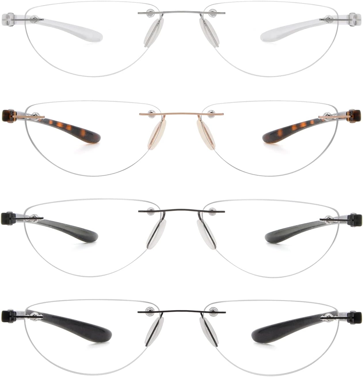 4 pack Rimless Reading Glasses for Women and Men +0.75 - Half Moon Readers