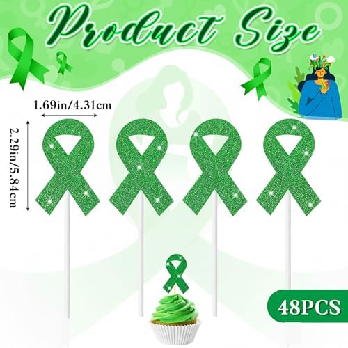 Marspark 48 Pieces Green Ribbon Cupcake Toppers Picks Cake Decorations Mental Health Awareness Cake Topper for Psychology Awareness Party