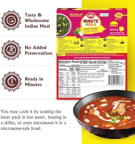 MTR - Minute Meals: Palak Paneer - Spiced Spinach Gravy with Cottage Cheese - Tasty Indian Meal with No Added Preservatives - A Quick Meal Suitable for Vegetarians, Ready in Minutes! (Pack of 6)