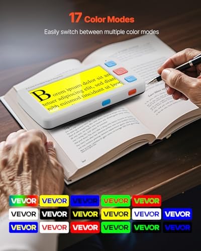 VEVOR Portable Digital Magnifier, 5-inch HD Electronic Video Magnifier for Low Version, 4X - 32X Zoom Electronic Reading Aid with 17 Color Mode, AV Output, Foldable Handle & 5-Level Screen Brightness
