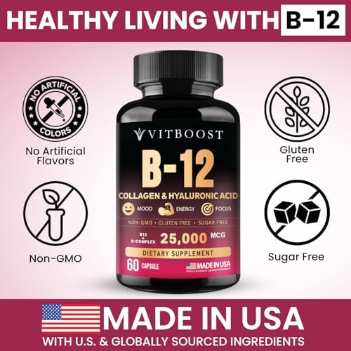 B12 with Hyaluronic Acid, Collagen and Folate – 25000 mcg B12 Complex | Maximize Absorption & Energy | Gluten Free USA Made, B1, B2, B3, B6, B7, B12 vitamins 5000 mcg Methylcobalamin - 60 Capsules