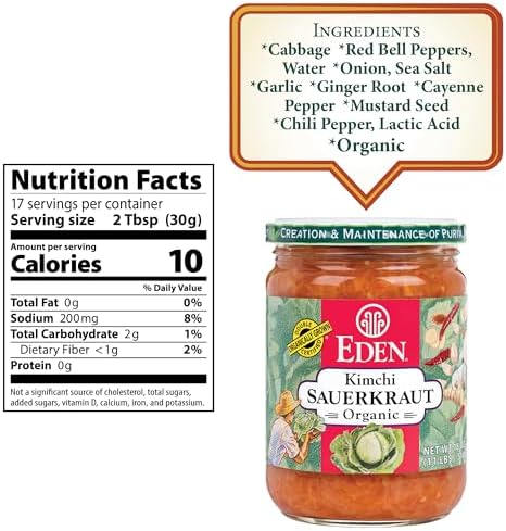 Eden Organic Sauerkraut, 18 oz Glass Jar, Kimchi, Fine Cut