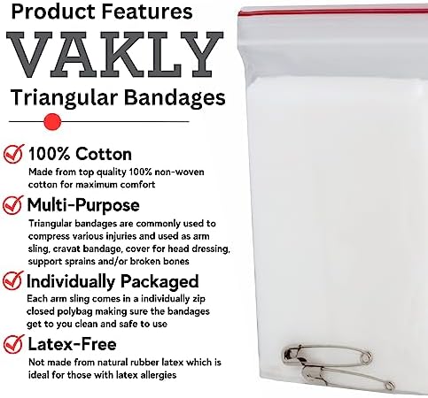Vakly Triangular Bandages 40 x 40 x 56 in (12 Pack) – First Aid Triangle Sling & Splint Bandage with Safety Pins, Non-Woven Cotton Emergency Arm Support