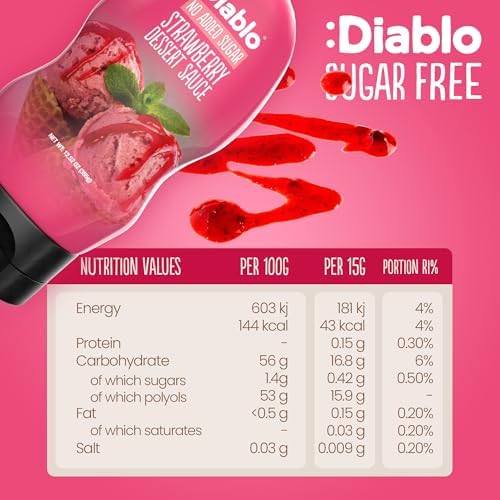 Diablo Strawberry Dessert Sauce | No Added Sugar | Gluten Free | Diabetic Friendly | Hamper Available - Perfect for Gifting | 355g 12.52oz