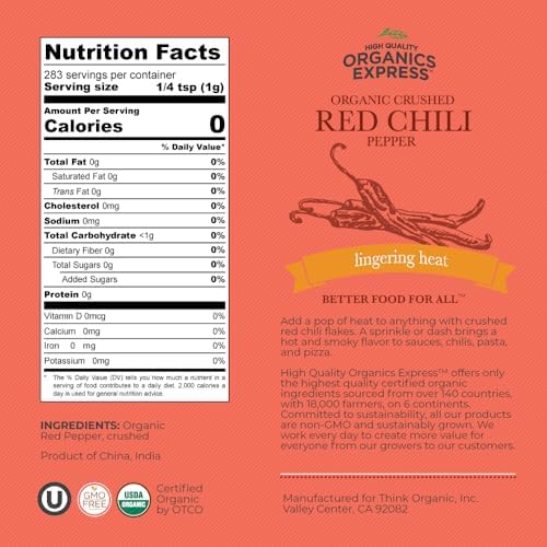 HQOExpress Organic Red Chili Pepper Crushed – Non GMO, Kosher, USDA Certified Organic Chili Flakes – Hot and Spicy Seasoning for Soups, Chilis, Marinades and Stir Fries, 10 oz. Chef Jar