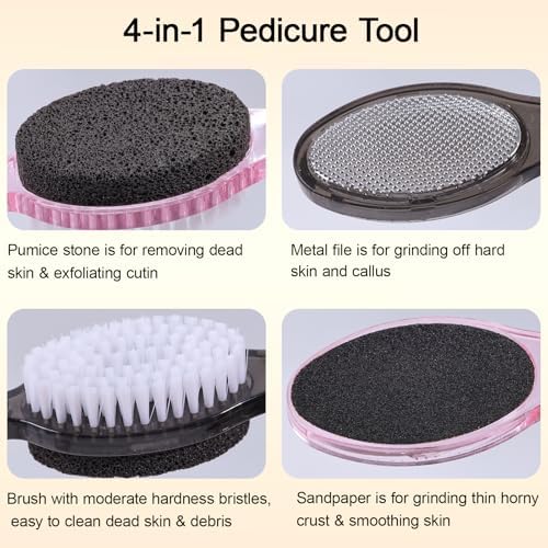 Foot Brush and Pumice Stone for Feet, 4-in-1 Foot File Callus Remover, Feet Scrubber Brush, Rasp and Sand Paper Pedicure Tools, Multi Purpose for Home Foot Care, 2 Pcs, Clear Black and Pink