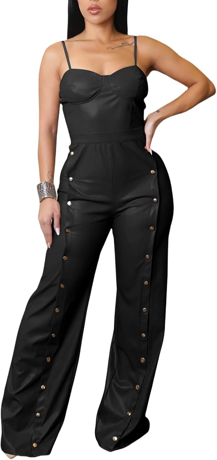 WOKANSE Leather Jumpsuit for Women PU Spaghetti Strap Sleeveless Bodycon Buttons Wide Leg Long Pants Jumpsuit