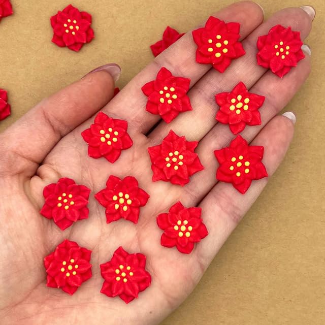 12 Mini Icing Poinsettias by Simply Sucré | Royal Icing Christmas Flower Decorations | Edible Holiday Cupcake Toppers (All Red, 12 Flowers)