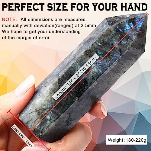 CASMON Large Healing Crystal Wands 3.9"-4.3"(10-11cm), Natural Labradorite Obelisk Crystal Tower Stone, 6 Faceted Single Healing Crystal Point for Reiki Chakra Meditation Therapy (1PC)