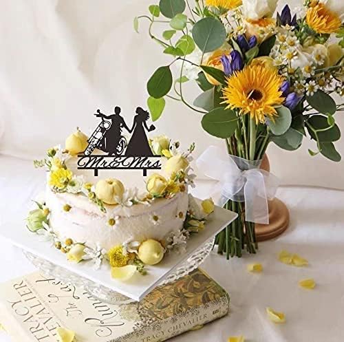Motorcycle Wedding Cake Topper, Bride and Groom with Motorbike Cake Topper, Funny Motorcycle Couple Cake Decorations for Wedding/Engagement/Bridal Shower Party Decoration