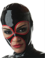 Black Latex Hood with Red Brim Back Zipper for Catsuit Rubber Mask Club Party Wear