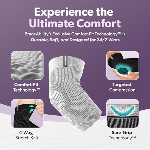 BraceAbility Elbow Compression Sleeve - Elbow Brace for Tendonitis, Bursitis, Arthritis, Tennis, Golfers, Joint Pain Relief, Injury Recovery - Full Support Sleeve for Men and Women (S Gray)
