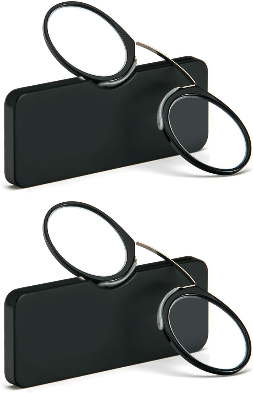 REAVEE 2 Pack Pinch Nose Clip on Reading Glasses Armless for Men Women, No Temple Slim Compact Readers Ultra Thin with Mini Portable Case, Black +1.0