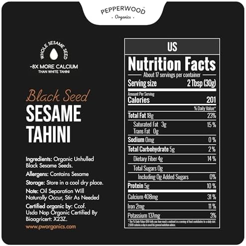 Organic Whole Black Sesame Tahini Paste - 17.6 oz (500g) Ounce Glass Jar – Peanut free - Stone Ground Unhulled Sesame Butter – Kosher by Pepperwood Organics