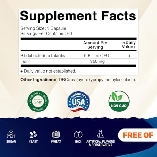 Vitamatic Bifidobacterium Infantis - 5 Billion per DR Capsule - 60 Count - Digestive Support - Made with Prebiotic Inulin Fiber